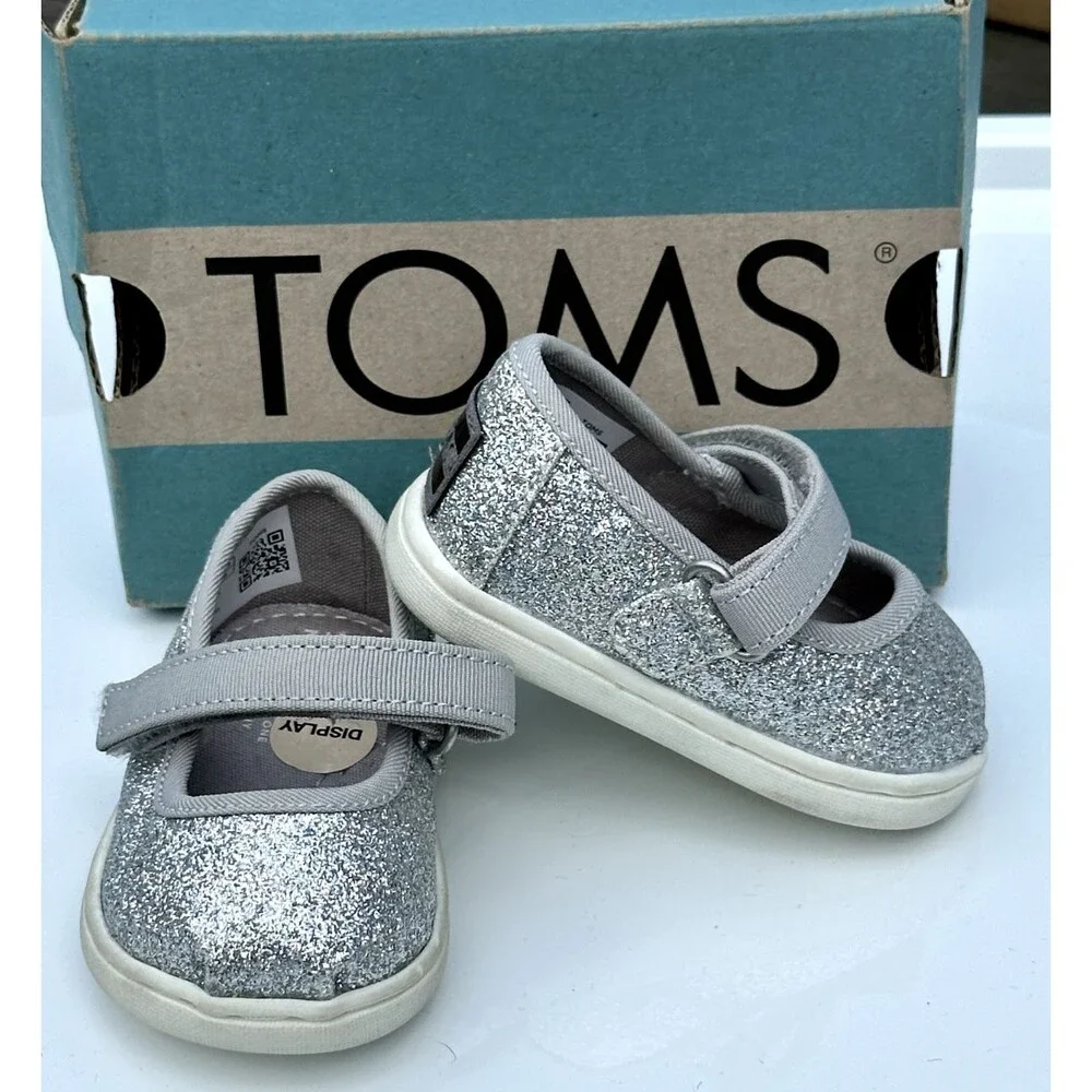 NEW TOMS Youth Silver Iridescent Slip On Canvas Shoes  - Size 2T Toddler
